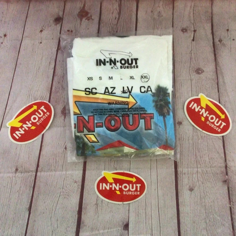 Vintage 2002 In-N-Out Burger Collectible XXL T-Shirt Sealed in Bag with Stickers